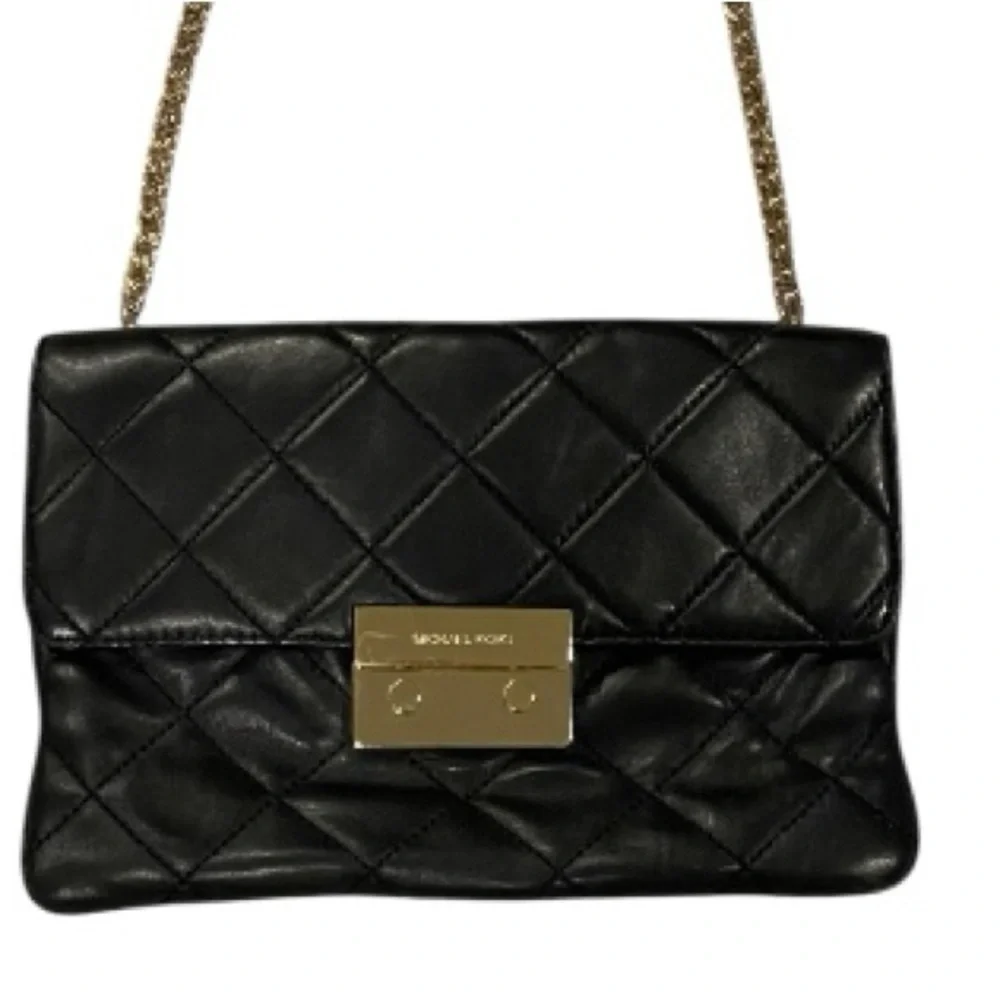Michael Kors Black Quilted Shoulder Bag with Gold Chain Strap, Small Size 10”x7”